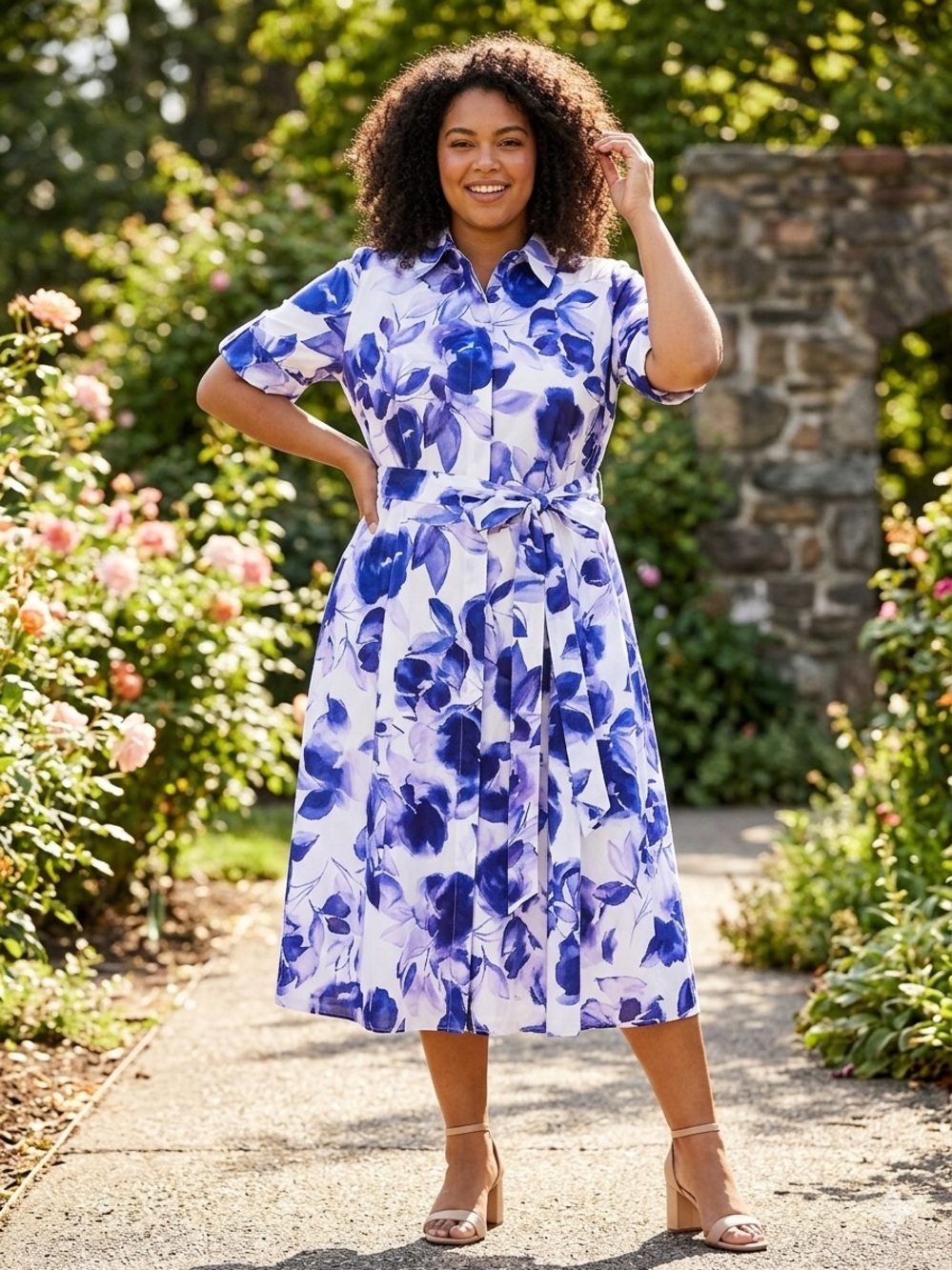 Calvin Klein White Midi Shirt Dress with Blue Floral Print
